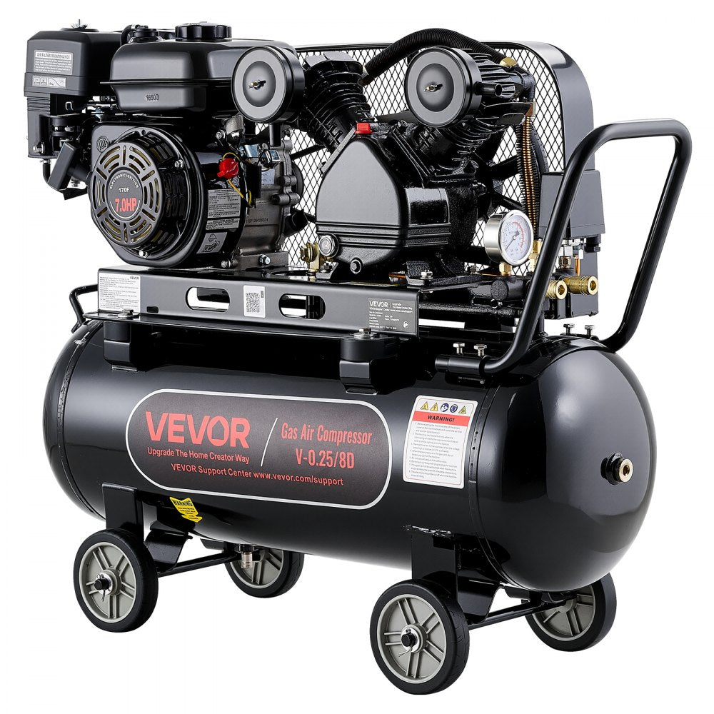 VEVOR 20 Gallon Gas Powered Air Compressor, 7HP 4.7CFM at 90 PSI Air Tank, Gas-Driven Air Compression System with Twin Cylinder Piston Pump, 115 PSI Max Pressure, 4 Wheels for Workshops Constructions