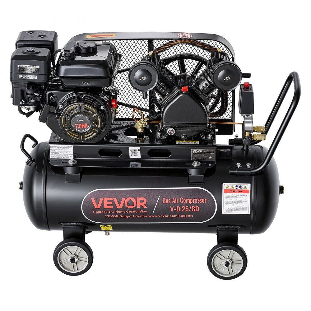 VEVOR 20 Gallon Gas Powered Air Compressor, 7HP 4.7CFM at 90 PSI Air Tank, Gas-Driven Air Compression System with Twin Cylinder Piston Pump, 115 PSI Max Pressure, 4 Wheels for Workshops Constructions