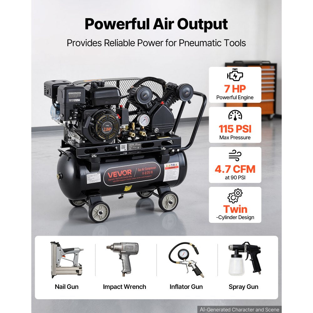 VEVOR 10 Gallon Gas Powered Air Compressor, 7HP 4.7CFM at 90 PSI Air Tank, Gas-Driven Air Compression System with Twin Cylinder Piston Pump, 115 PSI Max Pressure, 4 Wheels for Workshops Constructions