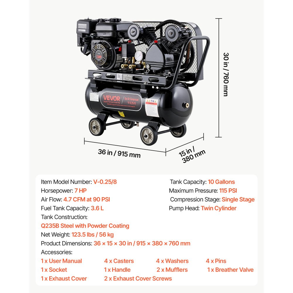 VEVOR 10 Gallon Gas Powered Air Compressor, 7HP 4.7CFM at 90 PSI Air Tank, Gas-Driven Air Compression System with Twin Cylinder Piston Pump, 115 PSI Max Pressure, 4 Wheels for Workshops Constructions