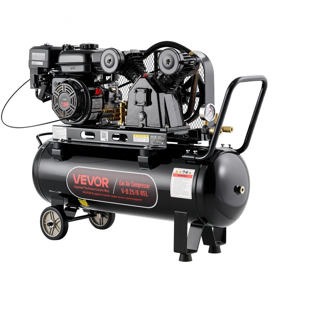 VEVOR 20 Gallon Gas Powered Air Compressor, 7HP 4.7CFM at 90 PSI Air Tank, Gas-Driven Air Compression System with Twin Cylinder Piston Pump, 115 PSI Max Pressure, 2 Wheels for Workshops Constructions