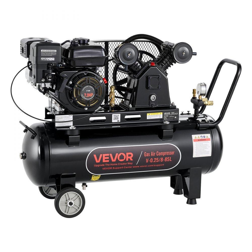 VEVOR 20 Gallon Gas Powered Air Compressor, 7HP 4.7CFM at 90 PSI Air Tank, Gas-Driven Air Compression System with Twin Cylinder Piston Pump, 115 PSI Max Pressure, 2 Wheels for Workshops Constructions