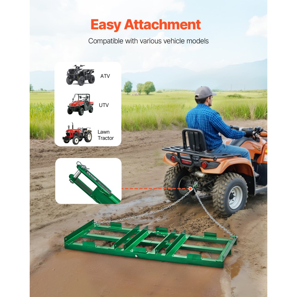 VEVOR Drag Harrow, 4 ft Heavy Duty Tow Behind Drag Harrow with Adjustable Bars & 72 in Chain, Driveway Grader Landscape Rake for ATV, UTV, Tractor, Mower Tow Behind Yard Lawn Leveling Tool