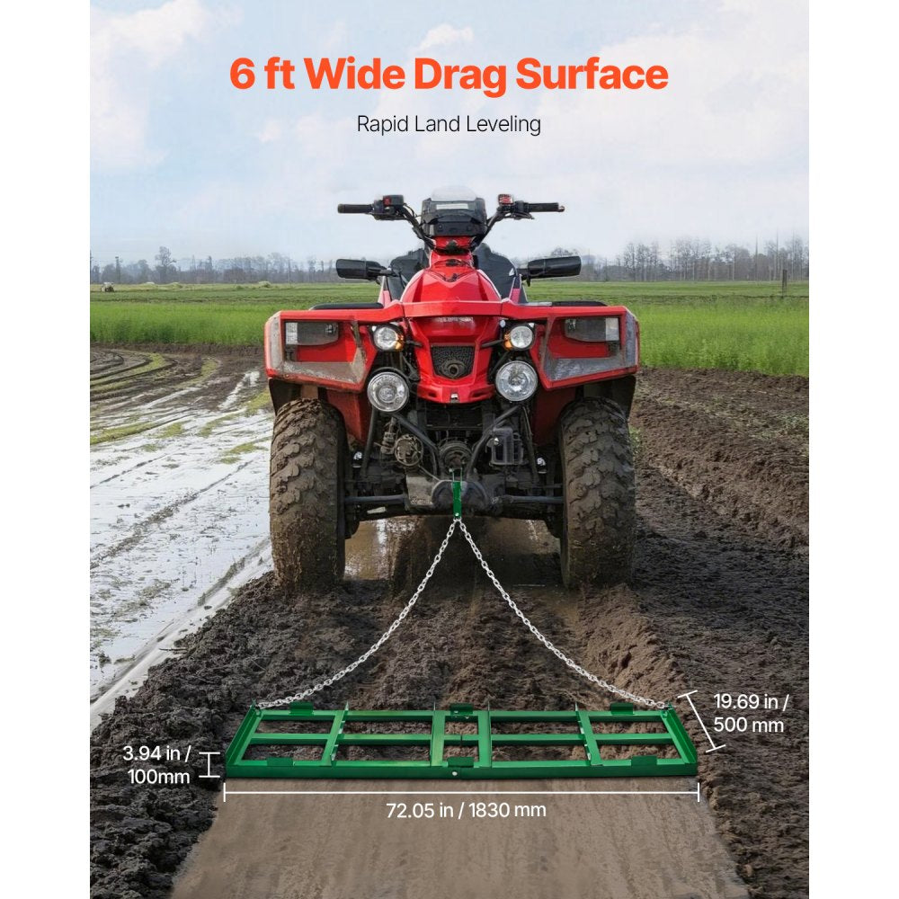 VEVOR Drag Harrow, 6 ft Heavy Duty Tow Behind Drag Harrow with Adjustable Bars & 72 in Chain, Driveway Grader Landscape Rake for ATV, UTV, Tractor, Mower Tow Behind Yard Lawn Leveling Tool
