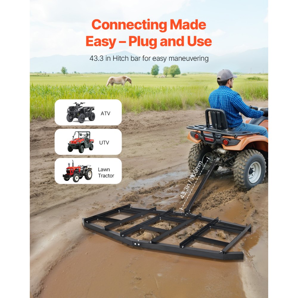 VEVOR Drag Harrow, 84" Width Tow Behind Drag Harrow, Q235 Steel Driveway Grader with Adjustable Bars & Pin Hitch, Support up to 50 lbs, Tractor Driveway Harrow for ATVs, UTVs, Garden Lawn Tractors