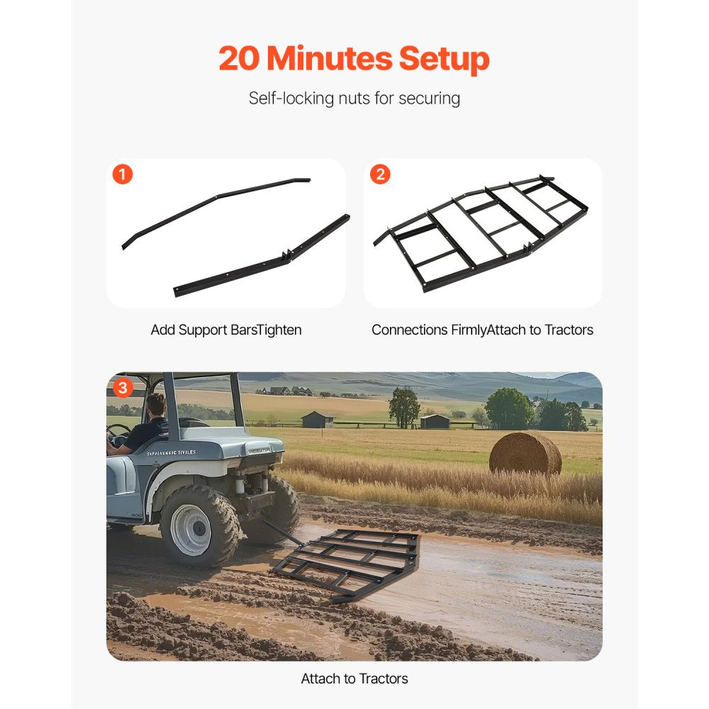 VEVOR Drag Harrow, 84" Width Tow Behind Drag Harrow, Q235 Steel Driveway Grader with Adjustable Bars & Pin Hitch, Support up to 50 lbs, Tractor Driveway Harrow for ATVs, UTVs, Garden Lawn Tractors