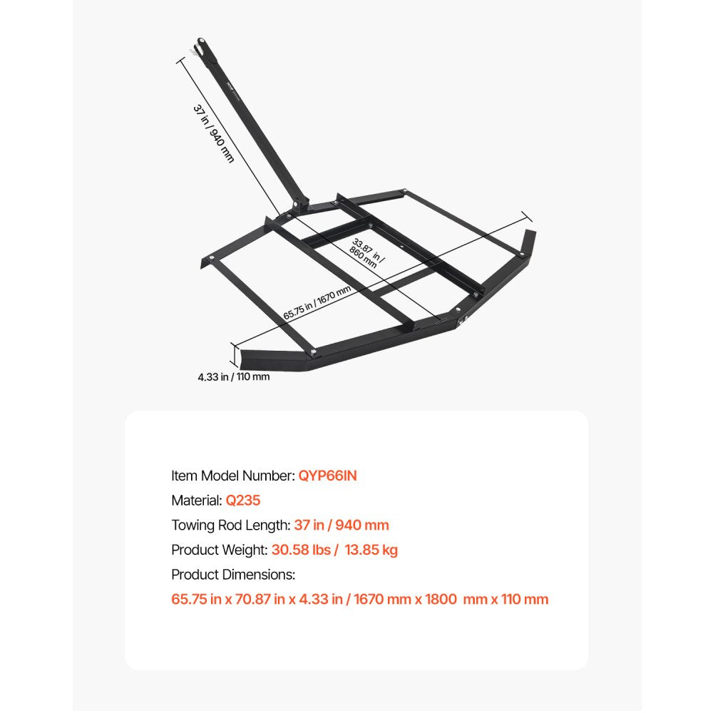VEVOR Driveway Drag, 67.7" Width Tow Behind Drag Harrow, Q235 Steel Driveway Grader with Adjustable Bars, Support up to 50 lbs, Driveway Tractor Harrow for ATVs, UTVs, Garden Lawn Tractors