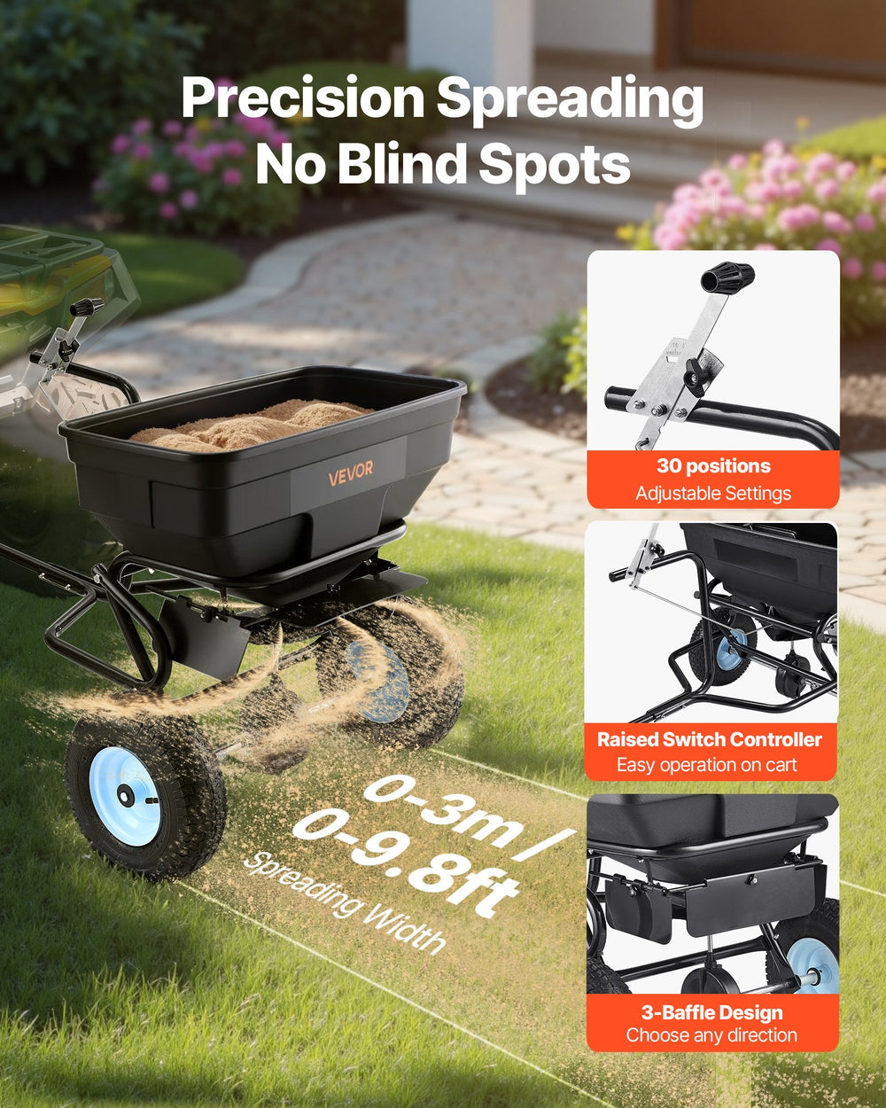 VEVOR Towable Broadcast Spreader, 130LBS Capacity, Tow-Behind Push Spreader with 13 in Tires, 15 Adjustable Setting & 9.8 ft Spreading Width, Lawn Spreaders for Seed, Fertilizer, Salt, Ice Melt
