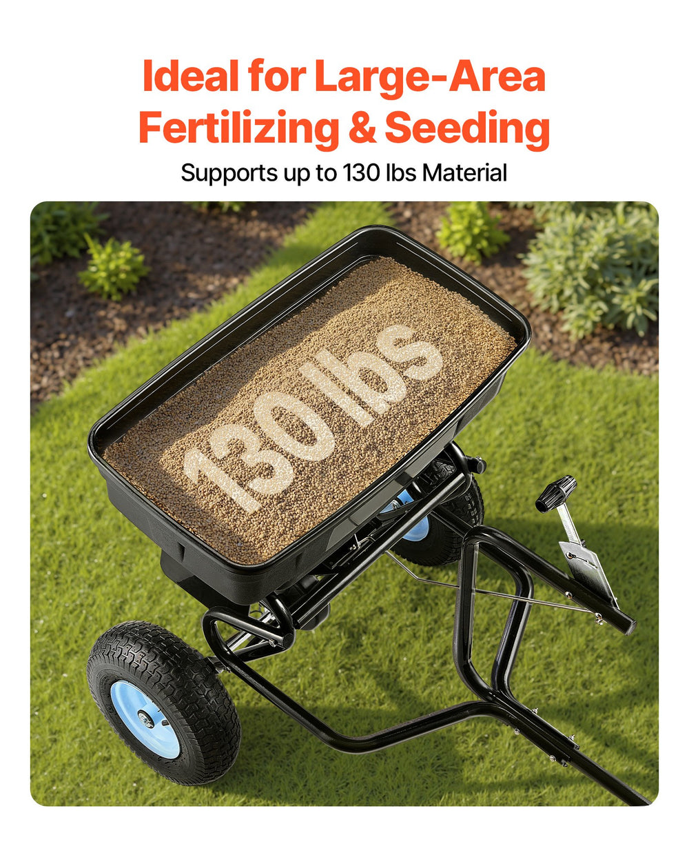 VEVOR Towable Broadcast Spreader, 130LBS Capacity, Tow-Behind Push Spreader with 13 in Tires, 15 Adjustable Setting & 9.8 ft Spreading Width, Lawn Spreaders for Seed, Fertilizer, Salt, Ice Melt