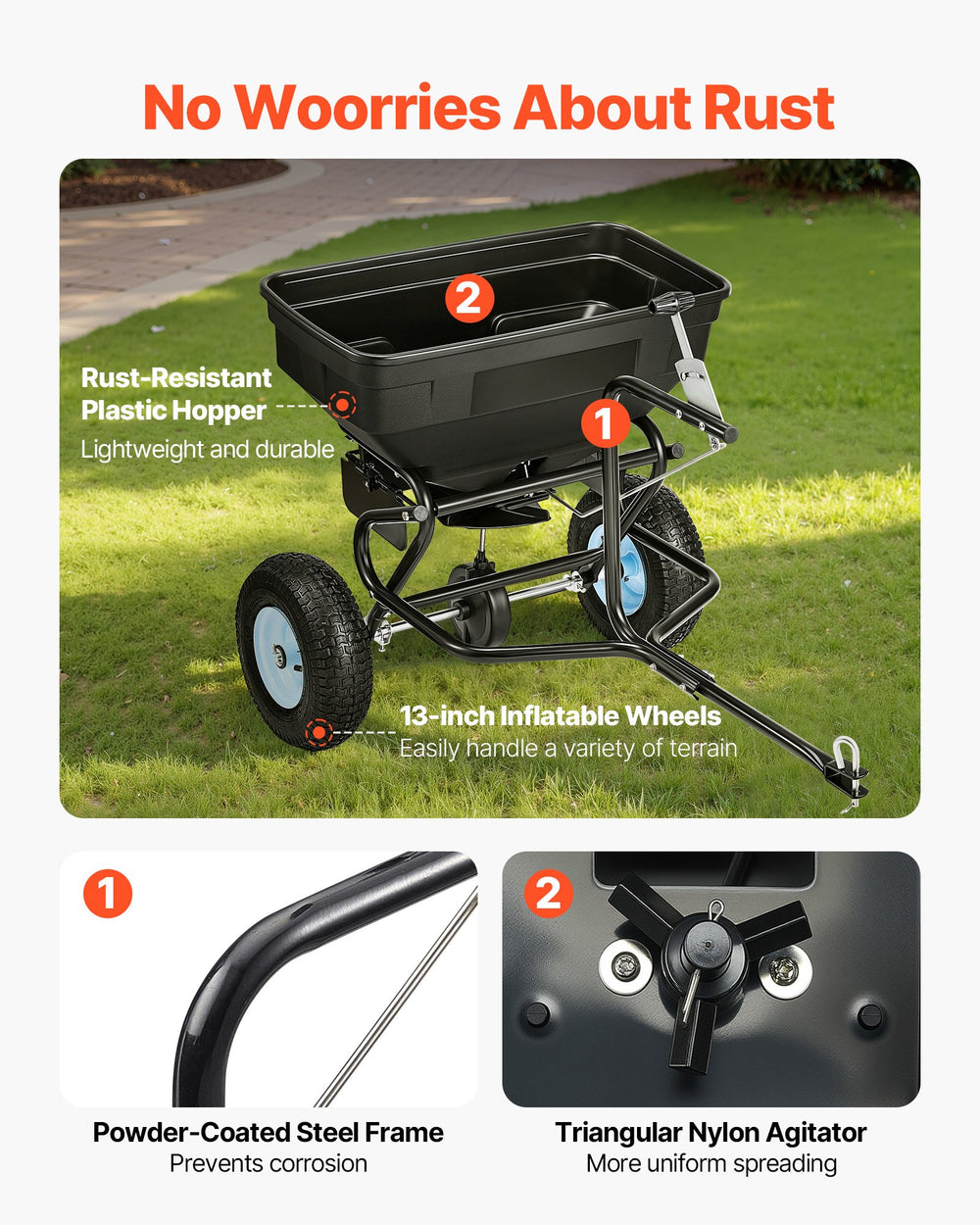 VEVOR Towable Broadcast Spreader, 130LBS Capacity, Tow-Behind Push Spreader with 13 in Tires, 15 Adjustable Setting & 9.8 ft Spreading Width, Lawn Spreaders for Seed, Fertilizer, Salt, Ice Melt