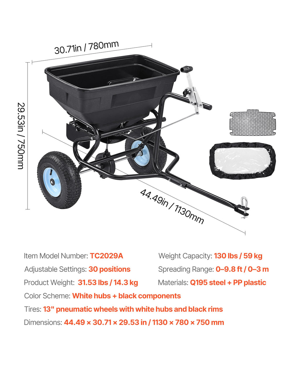 VEVOR Towable Broadcast Spreader, 130LBS Capacity, Tow-Behind Push Spreader with 13 in Tires, 15 Adjustable Setting & 9.8 ft Spreading Width, Lawn Spreaders for Seed, Fertilizer, Salt, Ice Melt