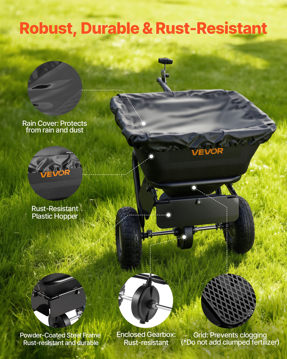 VEVOR Tow-Behind Spreader, 9.8 ft Spreading Width, Broadcast Spreader with 10" All-Terrain Tires, 85 lbs Capacity Hopper, Adjustable Flow Control, Lawn Spreaders for Seed Fertilizer Ice Melt