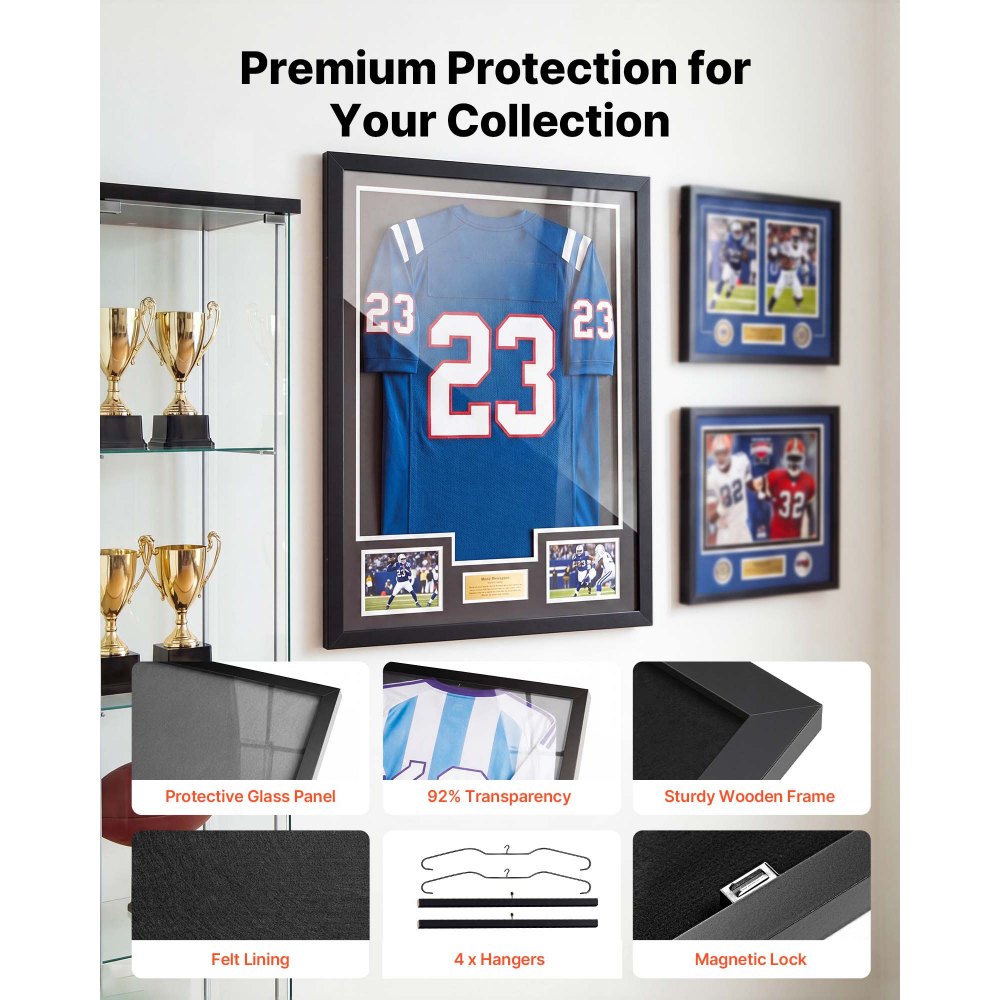 VEVOR Jersey Frame Display Case, 31.3 x 23.2 in, Wooden Sport Jersey Shadow Box with 98% UV Protection PC Panel and Hanger, Magnetic Lock, for Baseball Basketball Football Hockey Shirt Uniform, 2 Pack