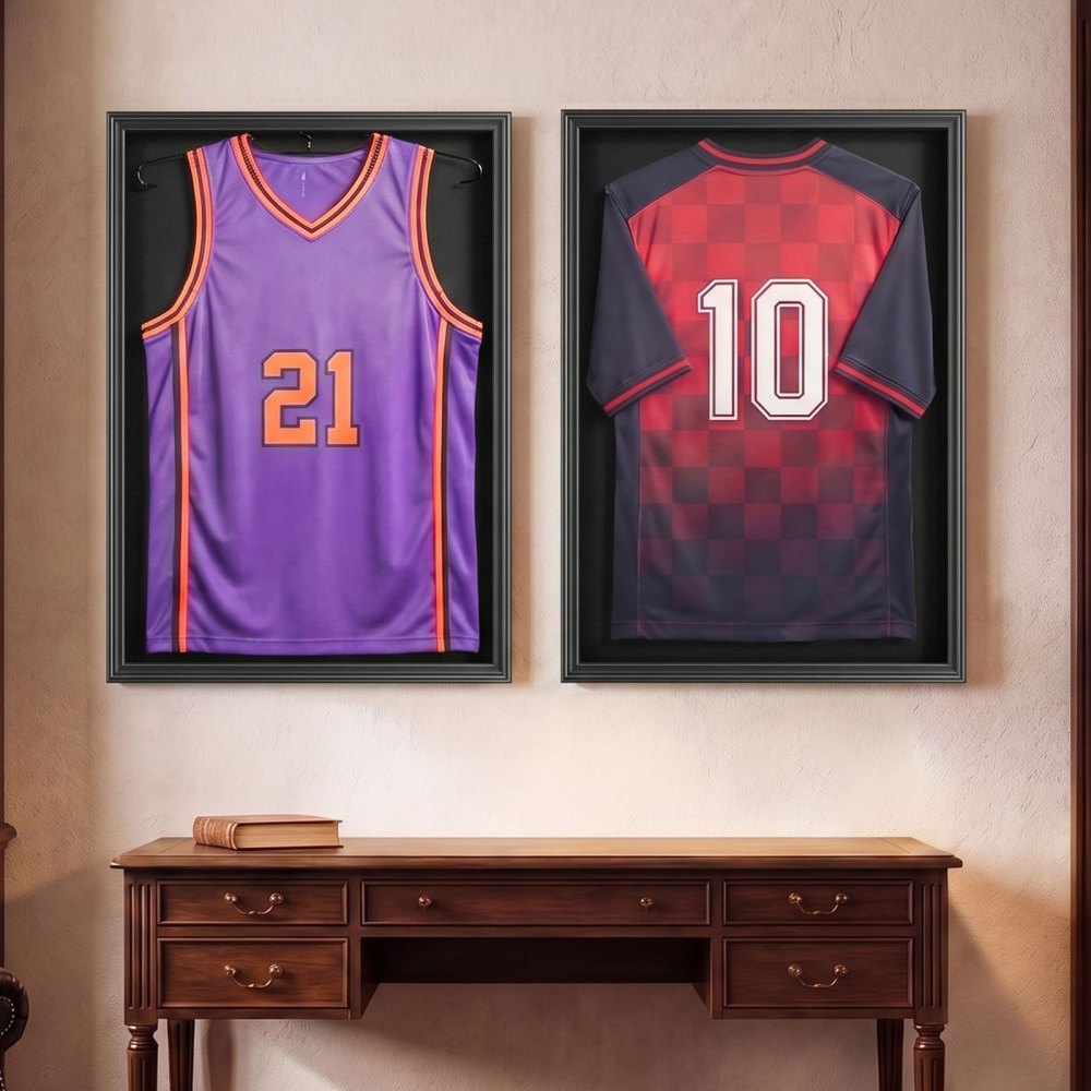 VEVOR Jersey Frame Display Case, 31.3 x 23.2 in, Wooden Sport Jersey Shadow Box with 98% UV Protection PC Panel and Hanger, Magnetic Lock, for Baseball Basketball Football Hockey Shirt Uniform, 2 Pack
