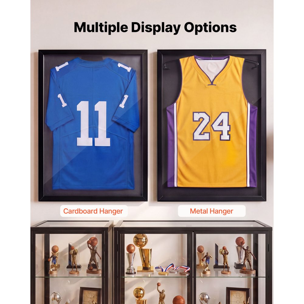 VEVOR Jersey Frame Display Case, 31.5 x 23.6 x 1 in, Wooden Sport Jersey Shadow Box with 98% UV Protection PC Panel and Hanger, for Baseball Basketball Football Hockey Shirt Sport and Uniform, Black