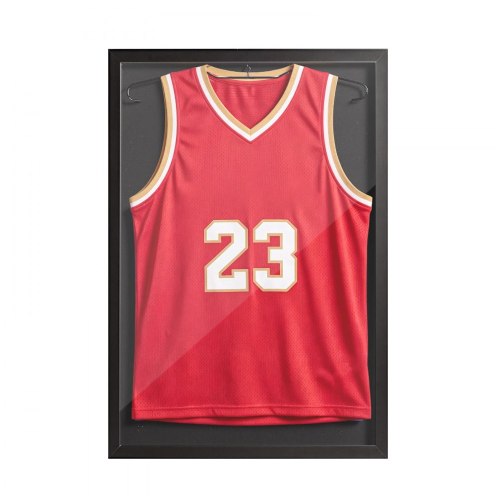 VEVOR Jersey Frame Display Case, 31.5 x 23.6 x 1 in, Wooden Sport Jersey Shadow Box with 98% UV Protection PC Panel and Hanger, for Baseball Basketball Football Hockey Shirt Sport and Uniform, Black