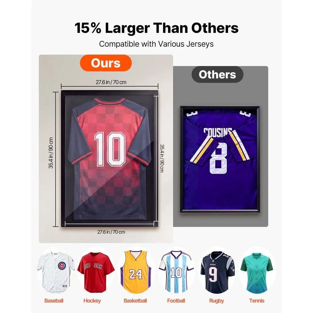 VEVOR Jersey Frame Display Case, 35.4 x 27.6 x 1.5 in, Lockable Wooden Sport Jersey Shadow Box with 98% UV Protection PC Panel and Hanger, for Baseball Basketball Football Hockey Shirt and Uniform