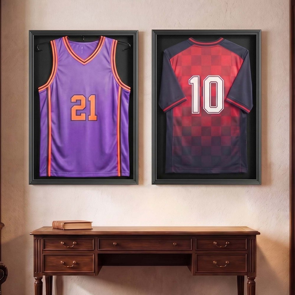 VEVOR Jersey Frame Display Case, 35.4 x 27.6 x 1.5 in, Lockable Wooden Sport Jersey Shadow Box with 98% UV Protection PC Panel and Hanger, for Baseball Basketball Football Hockey Shirt and Uniform