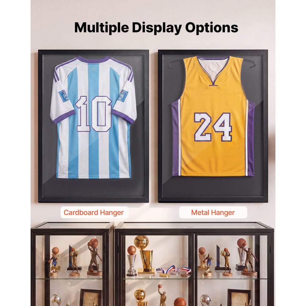 VEVOR Jersey Frame Display Case, 35.4 x 27.6 x 1.2 in, Wooden Sport Jersey Shadow Box with 98% UV Protection PC Panel and Hanger, for Baseball Basketball Football Hockey Shirt Sport Uniform, Black