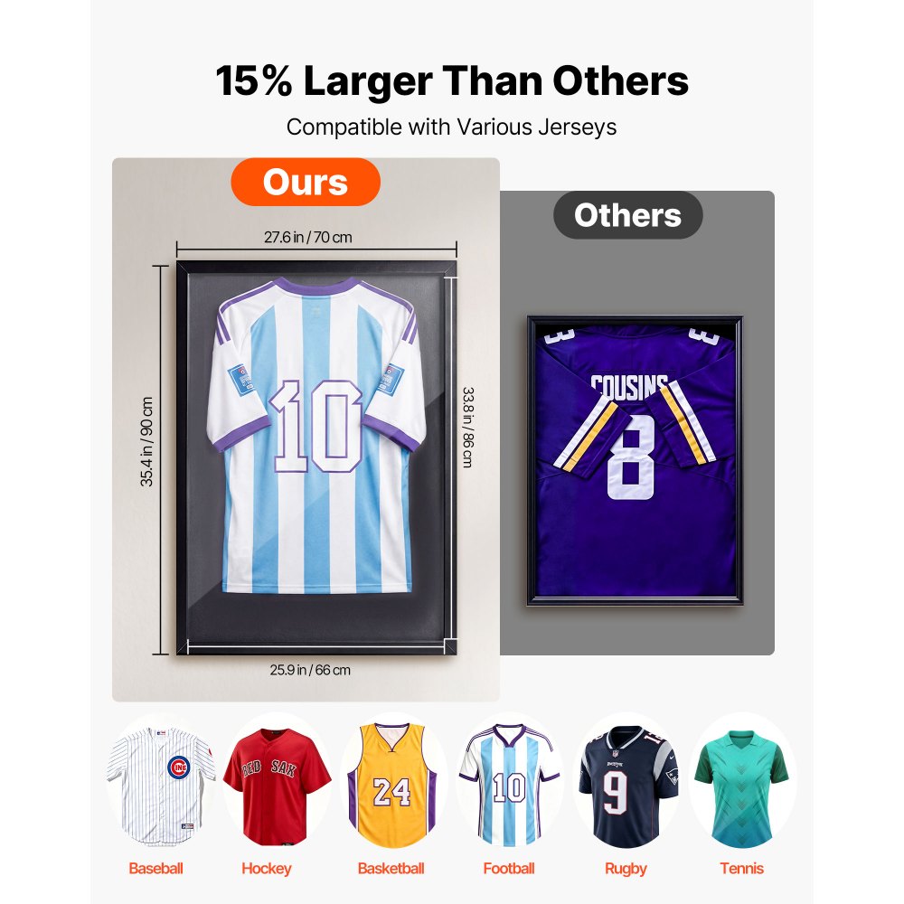 VEVOR Jersey Frame Display Case, 35.4 x 27.6 x 1.2 in, Wooden Sport Jersey Shadow Box with 98% UV Protection PC Panel and Hanger, for Baseball Basketball Football Hockey Shirt Sport Uniform, Black
