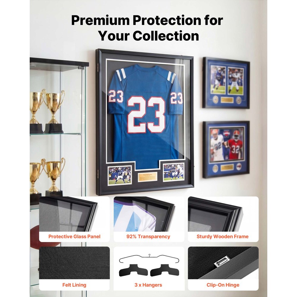VEVOR Jersey Frame Display Case, 36.4 x 28.3 x 1.5 in, Wooden Sport Jersey Shadow Box with 98% UV Protection PC Panel and Hanger, Magnetic Lock, for Baseball Basketball Football Hockey Shirt Uniform