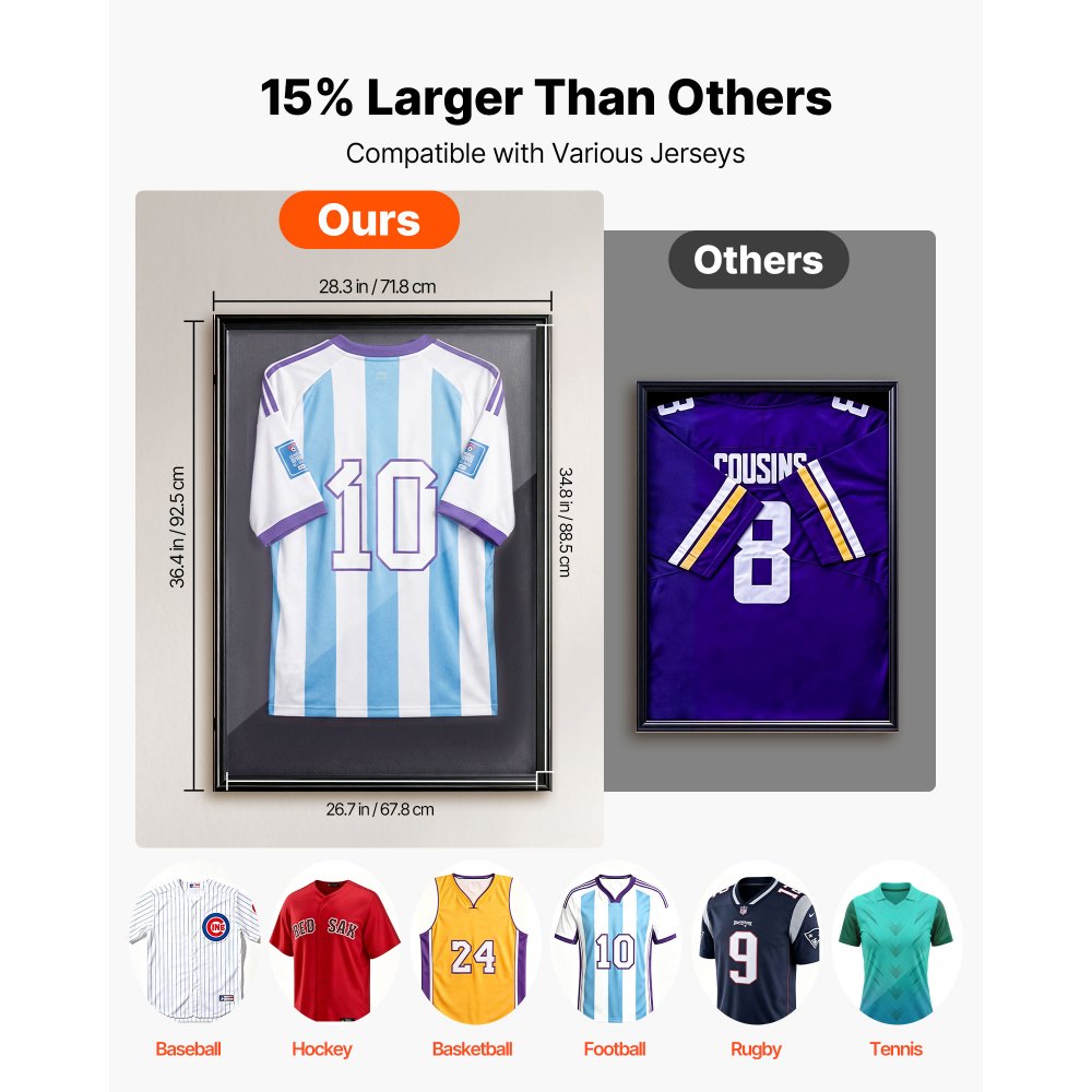VEVOR Jersey Frame Display Case, 36.4 x 28.3 x 1.5 in, Wooden Sport Jersey Shadow Box with 98% UV Protection PC Panel and Hanger, Magnetic Lock, for Baseball Basketball Football Hockey Shirt Uniform