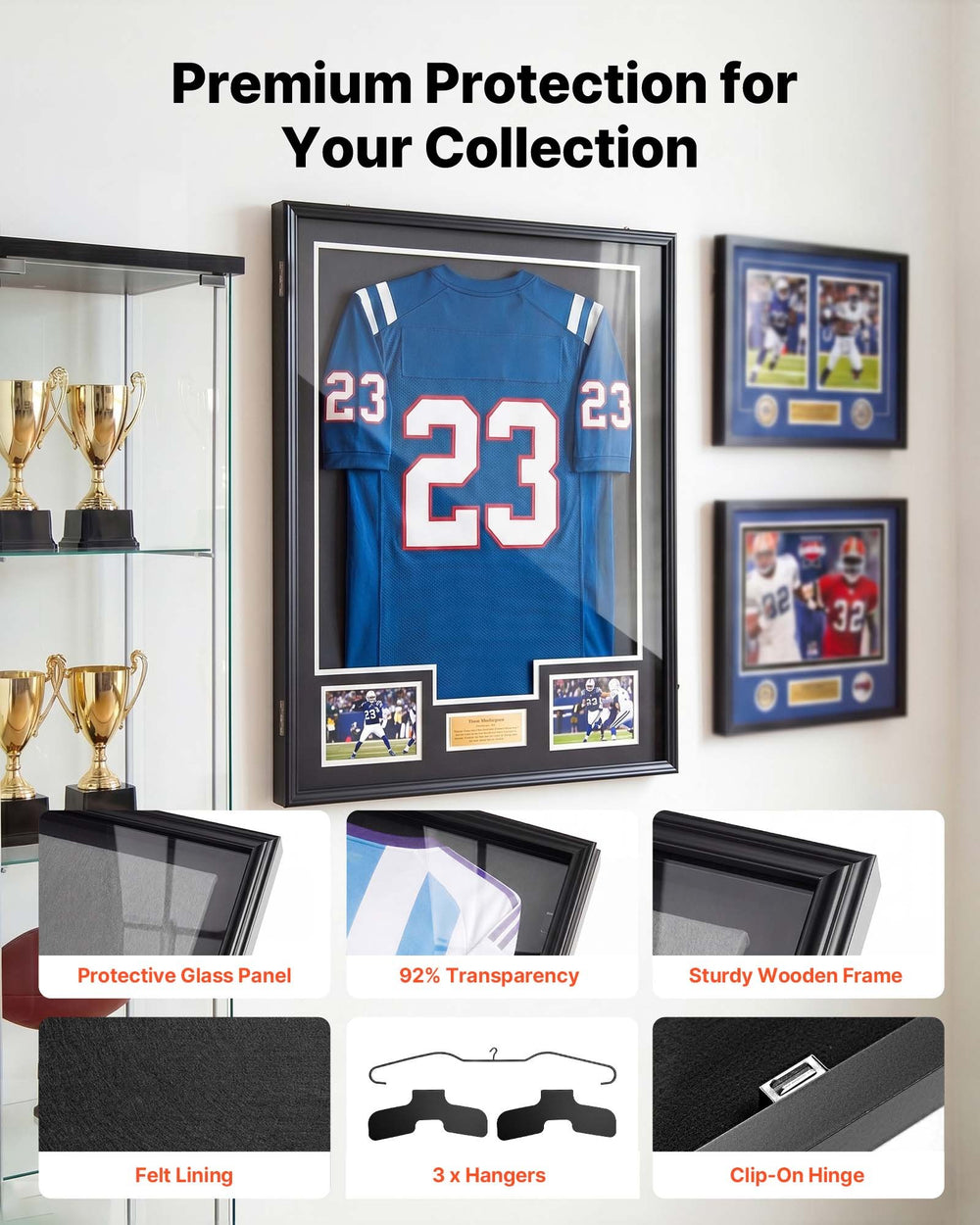 VEVOR Jersey Frame Display Case, 36.4 x 28.3 x 1.5 in, Wooden Sport Jersey Shadow Box with 98% UV Protection PC Panel and Hanger, Magnetic Lock, for Baseball Basketball Football Hockey Shirt Uniform