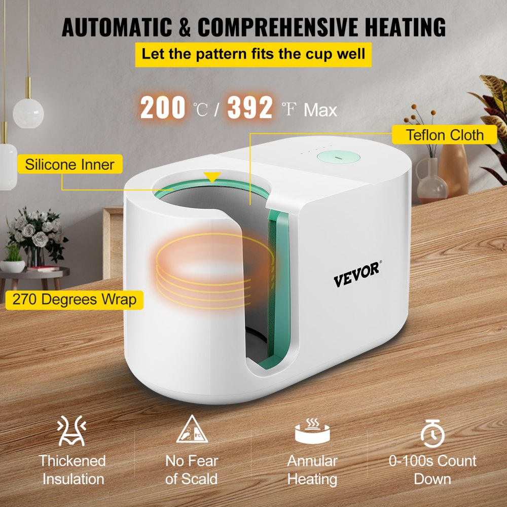 VEVOR Mug Press Machine, 11-15oz Coffee Cup Transfer Printing, Automatic Mug Heat Press for Sublimation, DIY Presents Gifts White