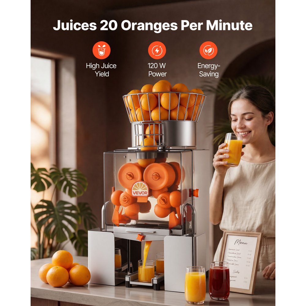 VEVOR Commercial Orange Juicer Machine, 120W Electric Automatic Orange Squeezer, Lemon Citrus Pomegranates Extractor for 20 per Minute, Stainless Steel, with Peel Collecting Bucket, PC Cover