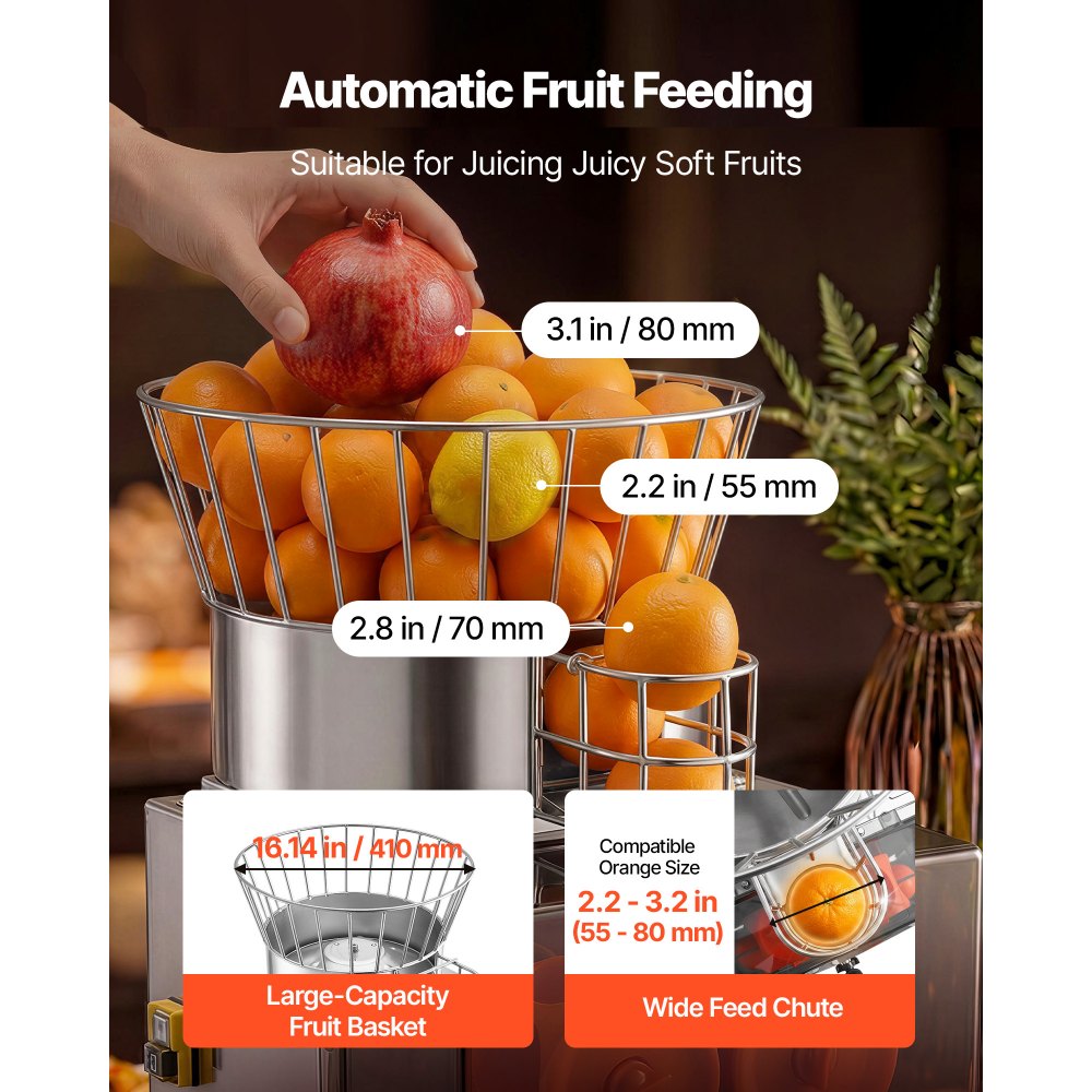 VEVOR Commercial Orange Juicer Machine, 120W Electric Automatic Orange Squeezer, Lemon Citrus Pomegranates Extractor for 20 per Minute, Stainless Steel, with Peel Collecting Bucket, PC Cover