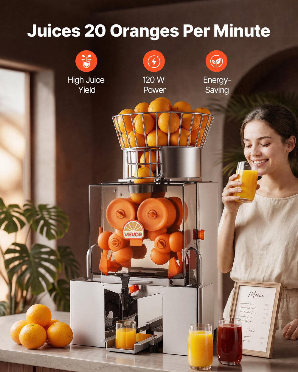 VEVOR Commercial Orange Juicer Machine, 120W Electric Automatic Orange Squeezer, Lemon Citrus Pomegranates Extractor for 20 per Minute, Stainless Steel, with Water Tap, Peels Collecting Bucket