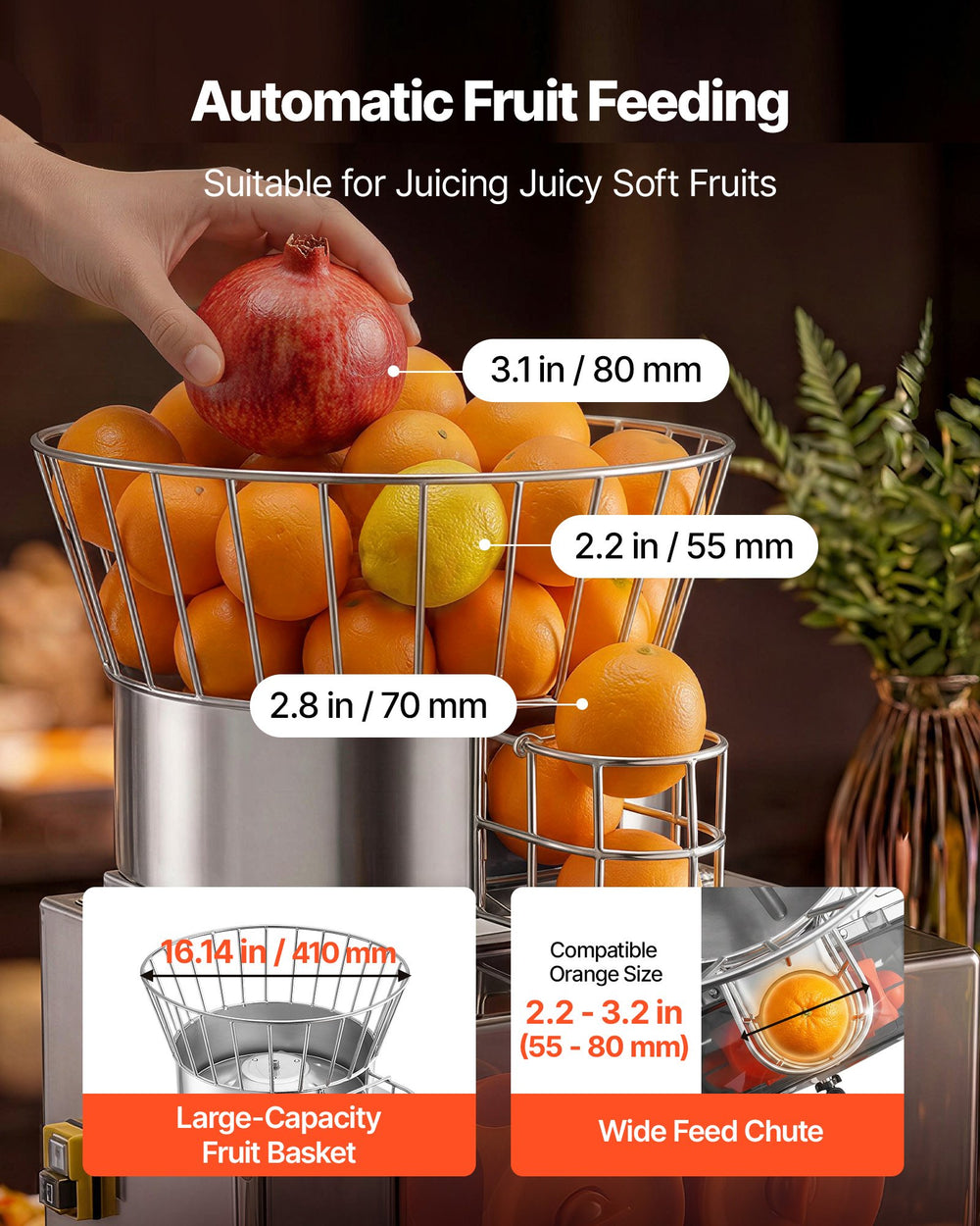 VEVOR Commercial Orange Juicer Machine, 120W Electric Automatic Orange Squeezer, Lemon Citrus Pomegranates Extractor for 20 per Minute, Stainless Steel, with Water Tap, Peels Collecting Bucket