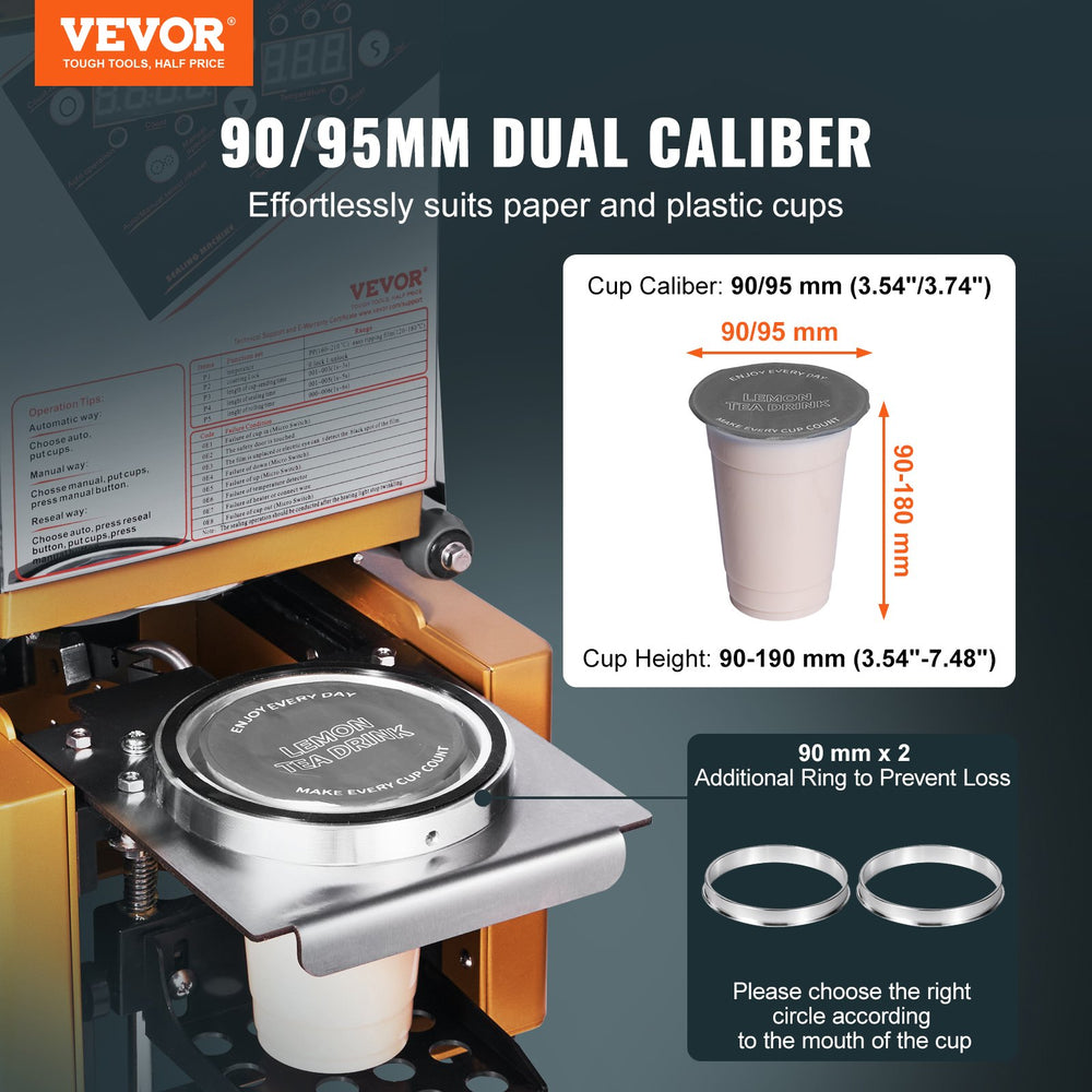 VEVOR cup sealer 90/95 mm dual caliber compatibility graphic