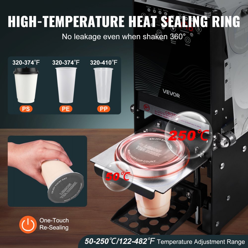 VEVOR cup sealer machine high-temperature heat sealing ring and one-touch reseal graphic
