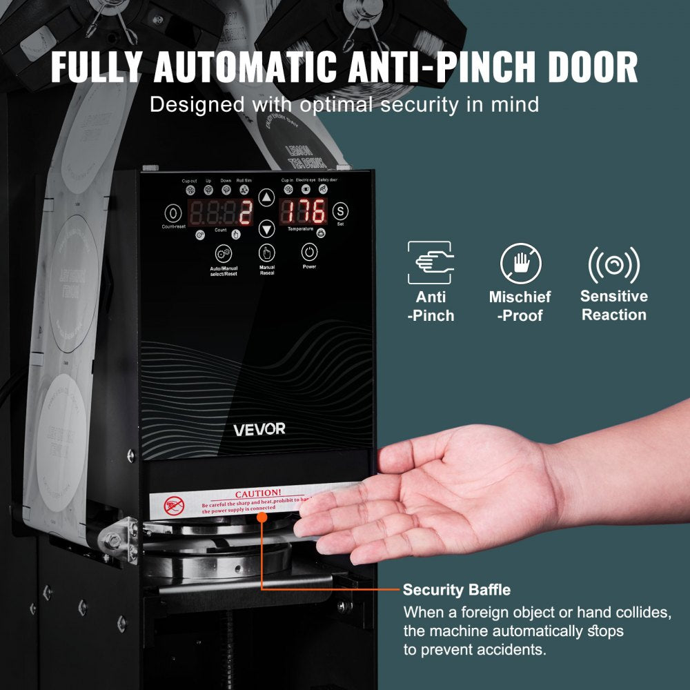 VEVOR cup sealer machine fully automatic anti-pinch door safety graphic