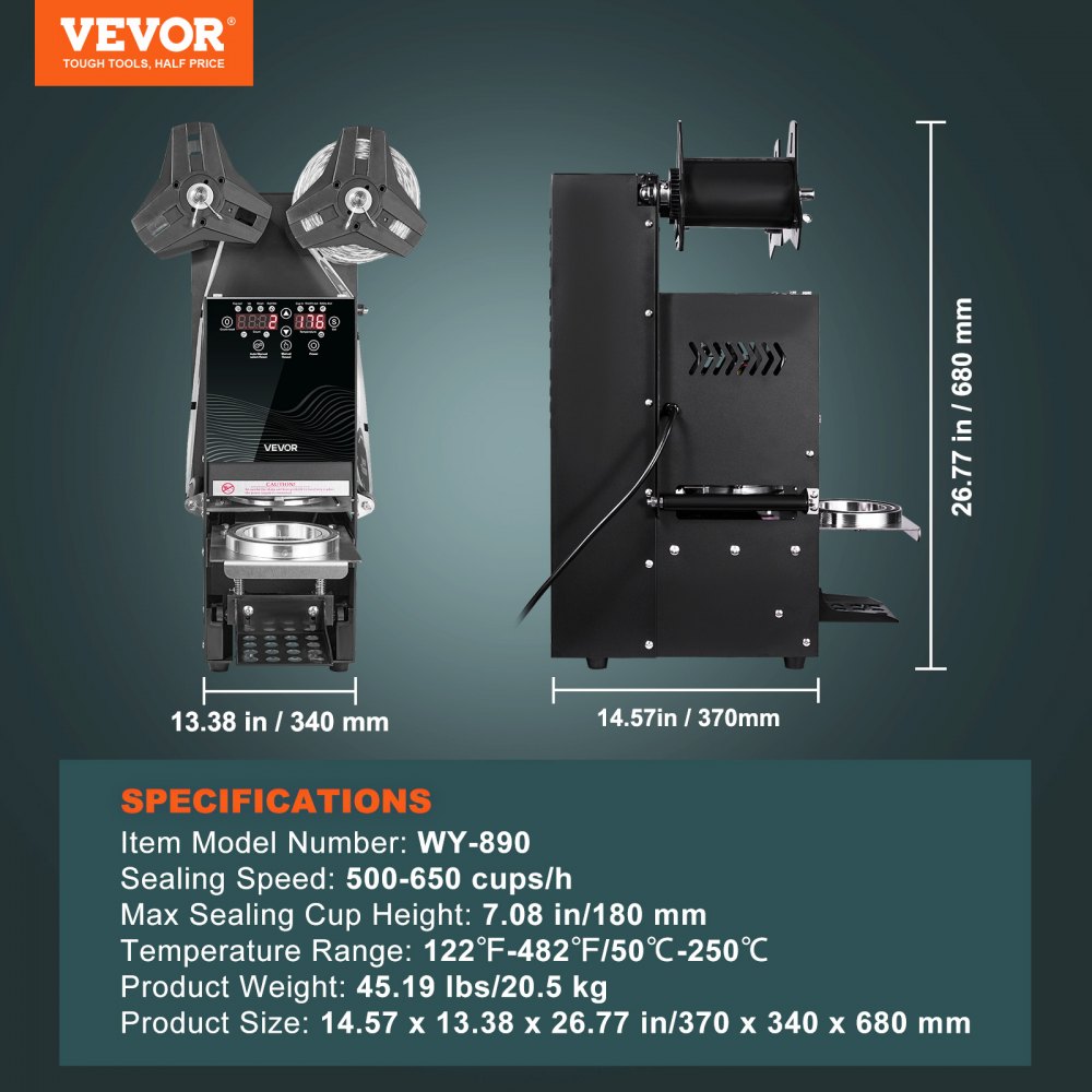 VEVOR cup sealer machine dimensions and specifications graphic (WY-890)