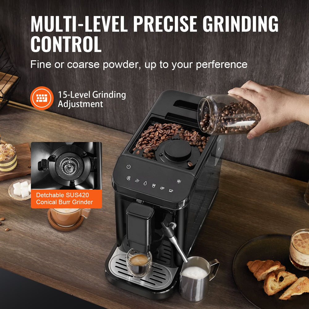 VEVOR Automatic Espresso Machine - 15-level grinding adjustment, detachable SUS420 conical burr grinder