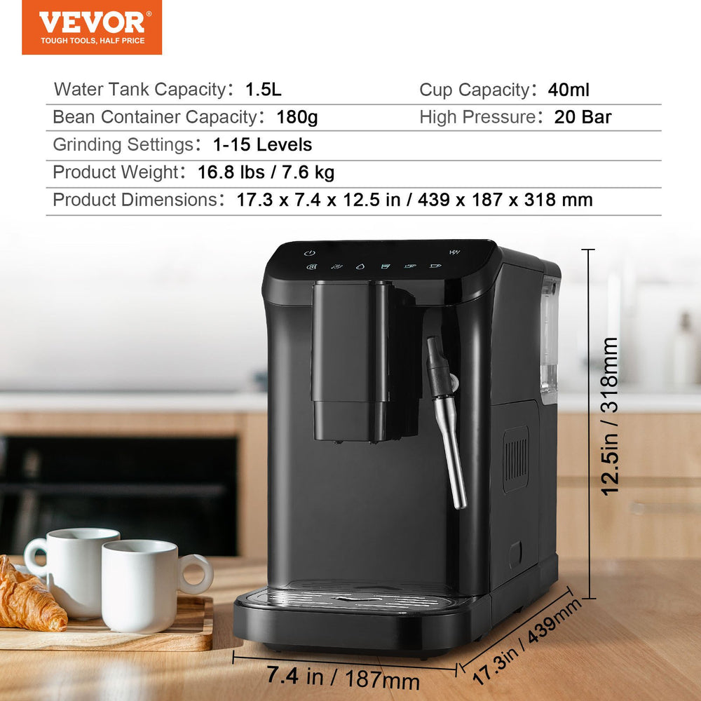 VEVOR Automatic Espresso Machine - specifications and dimensions graphic