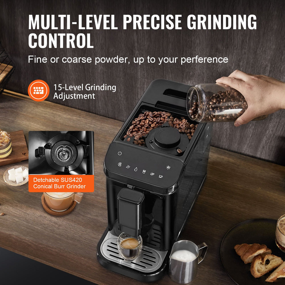 VEVOR automatic espresso machine feature graphic - multi-level precision grinding control