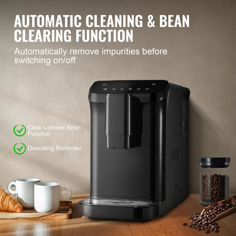 VEVOR automatic espresso machine feature graphic - automatic cleaning and bean cleaning function