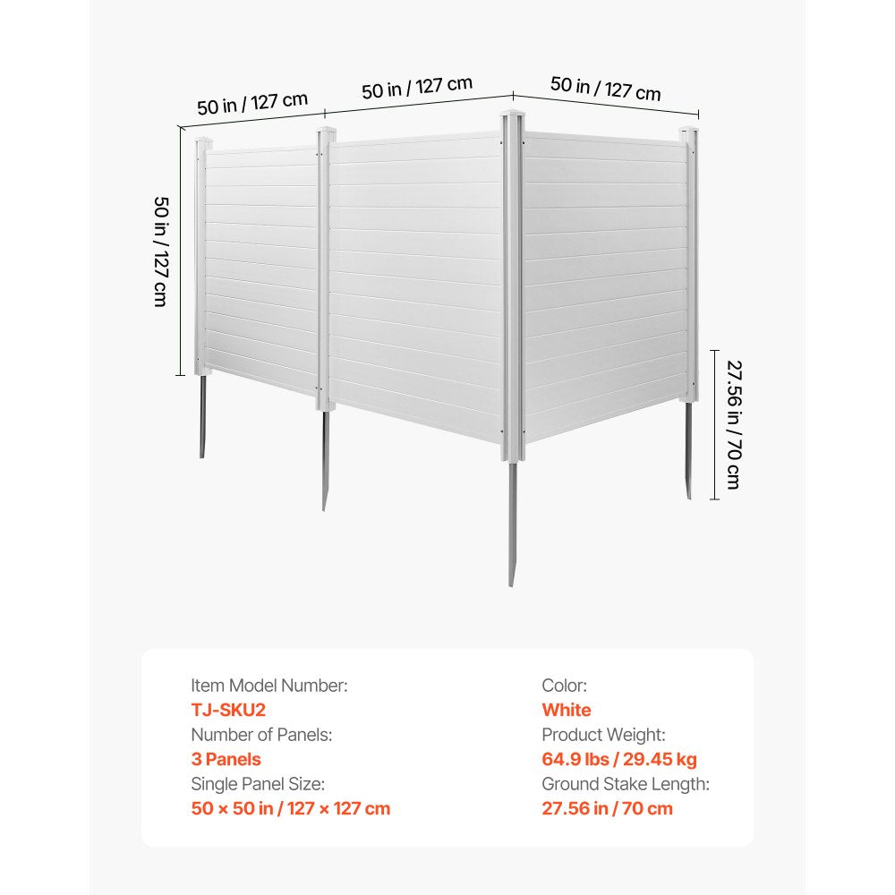 VEVOR 3 Panels Outdoor Privacy Screen, 50 x 50 in Air Conditioner Fence with 27.6 in Ground Stakes, Pool Equipment Enclosure, Horizontal Vinyl Privacy Fence, Ideal for Trash Can and A/C Units, White