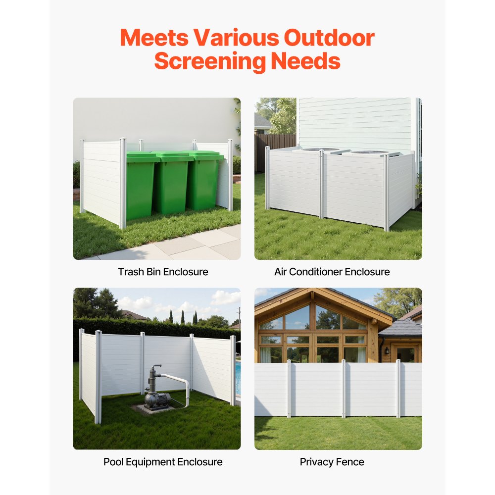 VEVOR 4 Panels Outdoor Privacy Screen, 50 x 50 in Air Conditioner Fence with 27.6 in Ground Stakes, Pool Equipment Enclosure, Horizontal Vinyl Privacy Fence, Ideal for Trash Can and A/C Units, White