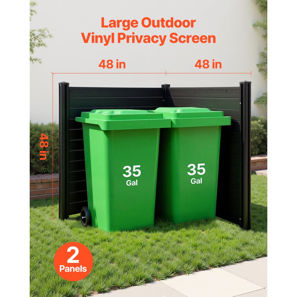 VEVOR 2 Panels Outdoor Privacy Screen, 48 x 48 in Air Conditioner Fence with 27.6 in Ground Stakes, Pool Equipment Enclosure, Horizontal Vinyl Privacy Fence, Ideal for Trash Can and A/C Units, Black