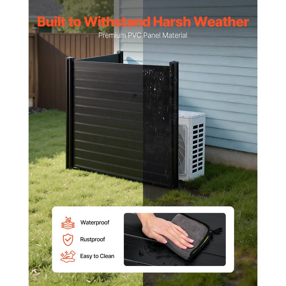 VEVOR 2 Panels Outdoor Privacy Screen, 48 x 48 in Air Conditioner Fence with 27.6 in Ground Stakes, Pool Equipment Enclosure, Horizontal Vinyl Privacy Fence, Ideal for Trash Can and A/C Units, Black