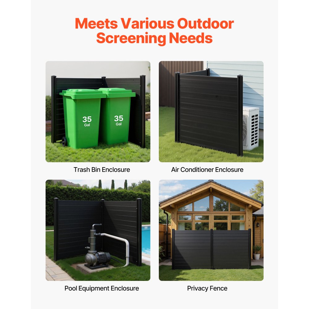 VEVOR 2 Panels Outdoor Privacy Screen, 48 x 48 in Air Conditioner Fence with 27.6 in Ground Stakes, Pool Equipment Enclosure, Horizontal Vinyl Privacy Fence, Ideal for Trash Can and A/C Units, Black