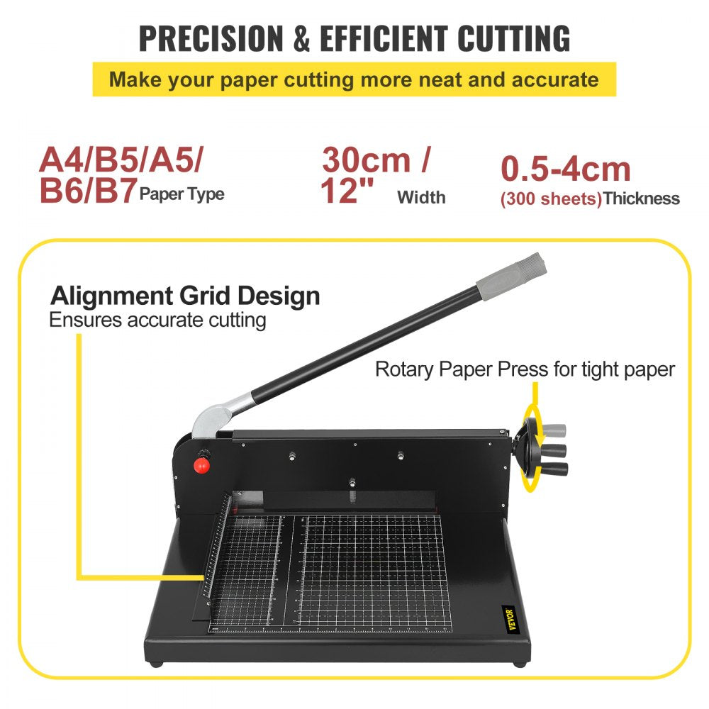 VEVOR Paper Cutter 12Inch A4 Commercial Heavy Duty Paper Cutter 300 Sheets 45HRC Hardness Stack Cutter Metal Base Desktop Stack Cutter for Home Office (A4)