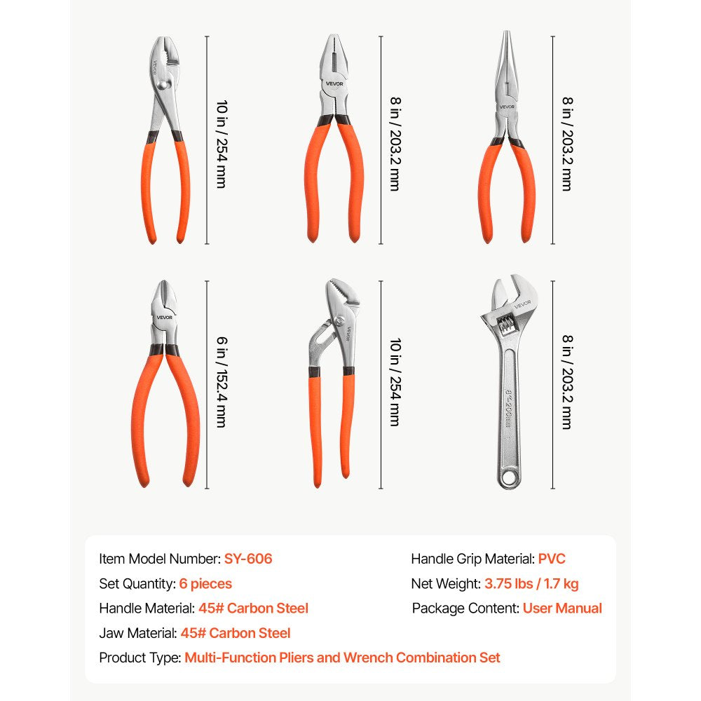 VEVOR Pliers and Wrench Set 6-Piece Utility Set Polished Carbon Steel Jaw, Hand Tools for DIY & Home Use, 10" Groove Joint, 10" Slip Joint, 8" Long Nose, 8" Combination, 6" Diagonal Pliers, 8" Wrench