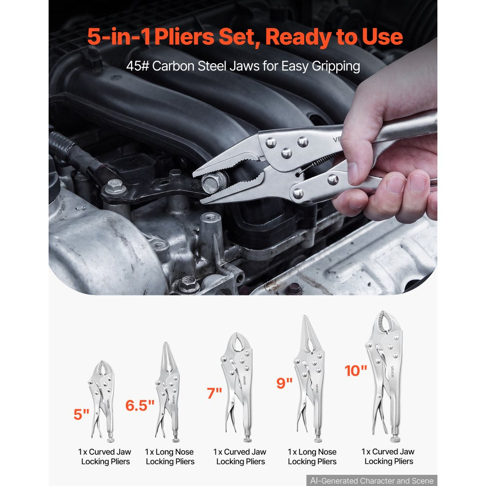 VEVOR Locking Pliers Set 5-Piece Pliers Tool Set Nickel-Plated Carbon Steel, Hand Tools for DIY & Home Use, 5"/7"/10" Curved Jaw, 6.5"/9" Long Nose, Ergonomic Non-Slip Handles, Adjustable Jaw Opening