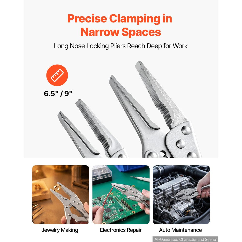 VEVOR Locking Pliers Set 5-Piece Pliers Tool Set Nickel-Plated Carbon Steel, Hand Tools for DIY & Home Use, 5"/7"/10" Curved Jaw, 6.5"/9" Long Nose, Ergonomic Non-Slip Handles, Adjustable Jaw Opening