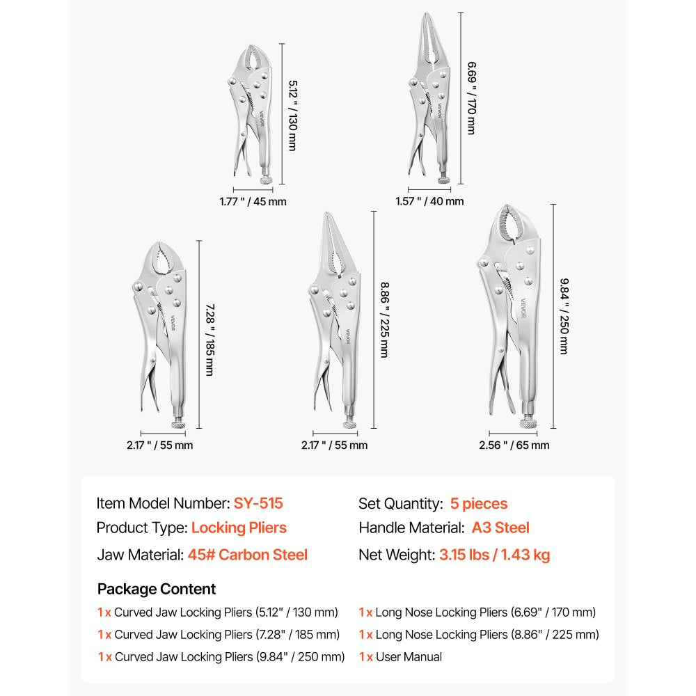 VEVOR Locking Pliers Set 5-Piece Pliers Tool Set Nickel-Plated Carbon Steel, Hand Tools for DIY & Home Use, 5"/7"/10" Curved Jaw, 6.5"/9" Long Nose, Ergonomic Non-Slip Handles, Adjustable Jaw Opening